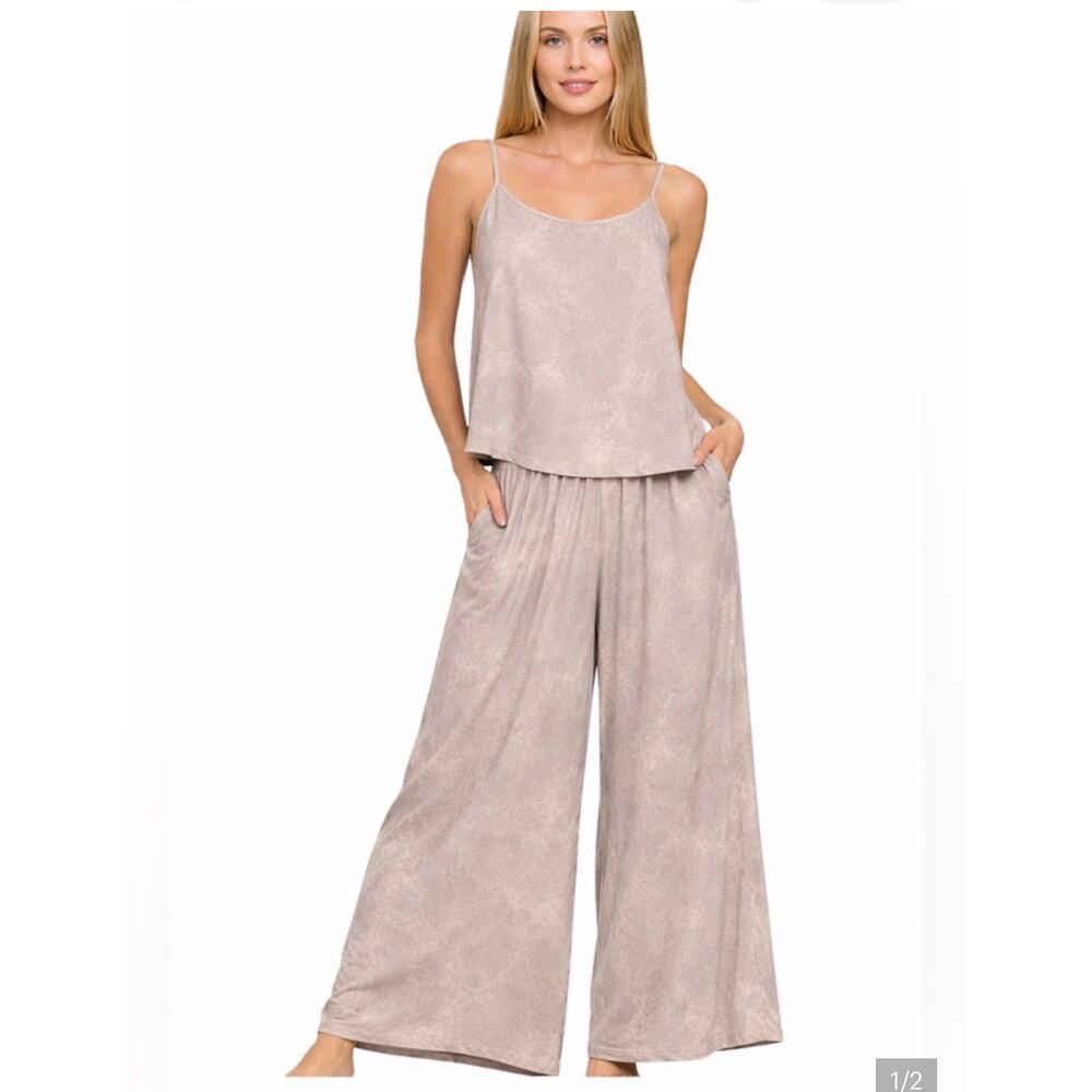 Zenana - Crinkled Wash Ash Mocha Cami & Pant Set w/Pocket - Small